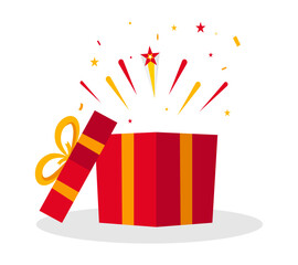 Open red gift box with festive explosion of stars and sparkles. Special give away package, wonder gift with exclamation mark, surprise gift box, birthday celebration.