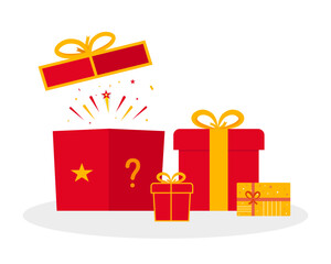 Gifts and presents for holiday celebration and special sales offer. surprise red gift box, birthday celebration, special give away package, loyalty program reward, wonder gift with exclamation mark,