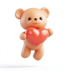 3D A cuddly teddy bear holding a red heart, Isolated on White Background