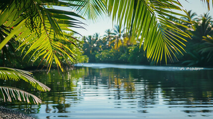 A tranquil riverbank, where the gentle breeze causes tropical leaves to cast mesmerizing shadows on the calm, reflective water.