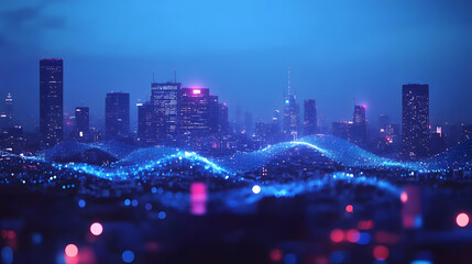vibrant futuristic cityscape at night, featuring pulsating blue light waves flowing across the skyline, symbolizing advanced technology and urban innovation.