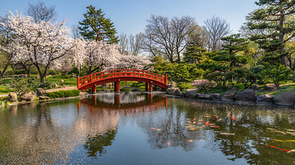 Fototapeta premium Serene Japanese Garden with Elegant Red Bridge
