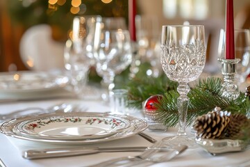 Elegant Holiday Table Setting with Crystal Glassware