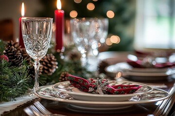 Holiday Table Setting with Red Napkin Rings