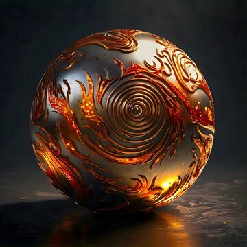 A spherical object with intricate swirling patterns that resemble flames or energy currents glowing with an intense fiery light