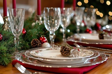 Elegant Christmas Table Setting with Silverware and Pine Cones