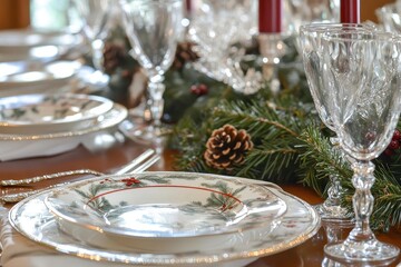 Holiday Table Setting with Pine Garland and Wine Glasses
