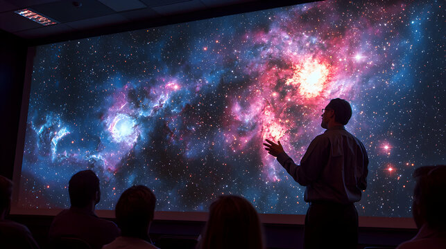 Astrophysicist Presenting to Engaged Audience on Cosmos