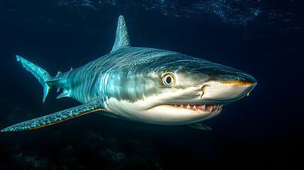 Fototapeta premium sleek shark swimming gracefully over a colorful coral reef, surrounded by marine life in a vibrant underwater ecosystem, illuminated by clear ocean light.