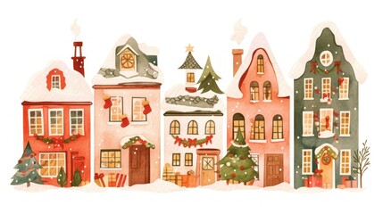Naklejka premium Christmas five houses christmas illustration decorations.