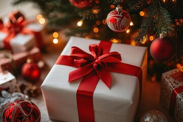 White Gift Box with Red Bow Under Christmas Tree