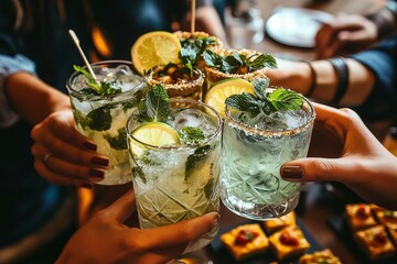 Friends Toasting Cocktails at Upscale Bar with Appetizers and Warm Lighting - Celebration and Camaraderie Moment