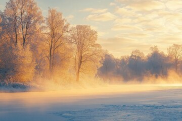 Winter Wonderland: Frosty Trees and Golden Fog