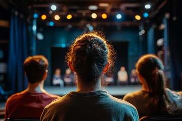 Obraz premium A group of people seated in a theater waiting for a show to start. The stage lights shine brightly creating an exciting atmosphere. This is an engaging moment. Generative AI