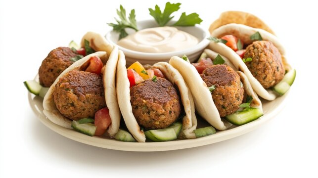 A plate of crispy falafel sliders served on mini pitas with a side of tahini sauce, Each slider packed with flavorful chickpea patties