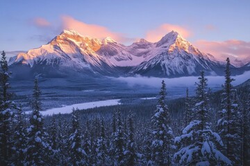 Snowy Mountain Range at Sunrise with Fog