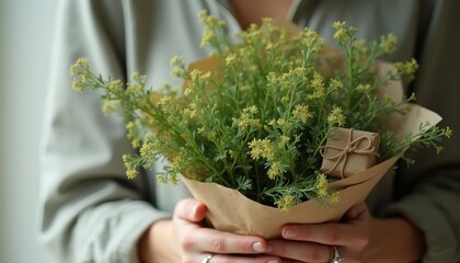 A Close-Up Shot of a Woman's Hands Gently Holding a Beautifully Wrapped Bouquet of Delicate Green Flowers and a Small Gift, Capturing a Moment of Serene Gift-Giving