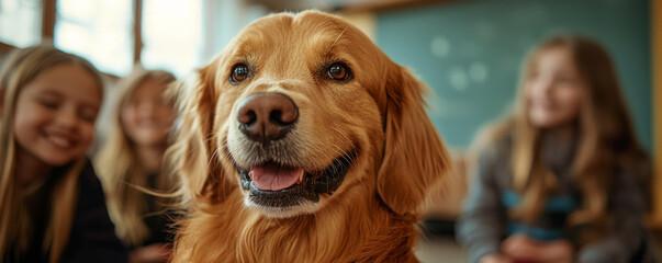 friendly golden retriever therapy dog brings joy to students in school setting, enhancing emotional well being and creating positive atmosphere