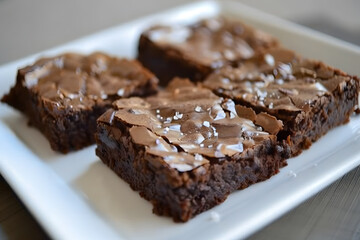 Double chocolate brownies with chocolate chunks and sea salt on white plate