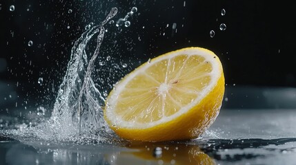 Fresh lemon slice splashing in water against a dark background, vibrant and refreshing.