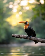 Obraz premium Orange-billed bird perched on branch, sunset.