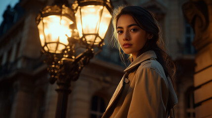 Obraz premium Mexican model in stylish trench coat, standing under large ornate street light in city center - Modern and refined, cool evening light