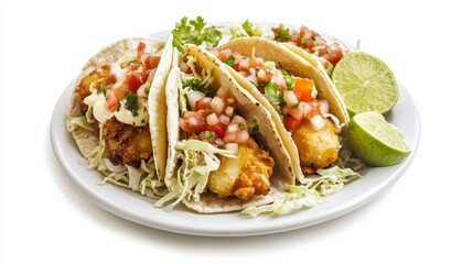 A plate of crispy fish tacos topped with shredded cabbage, salsa, and a squeeze of lime