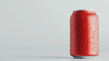 A close-up of a chilled red soda can with condensation droplets on a white background.