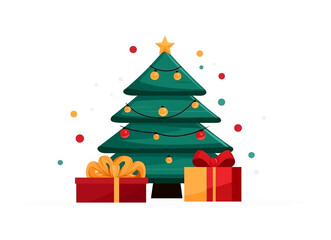 A green Christmas tree with a star on top and a red and gold box on the ground