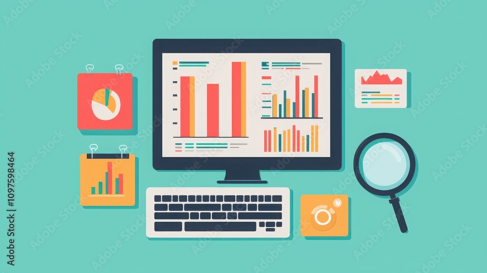 Poster a colorful desktop setup showcasing graphs, charts, and data analysis tools, illustrating productivi