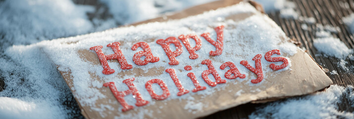 A festive holiday image featuring a snow-dusted brown paper sign with bright red 'Happy Holidays' text, embodying warmth and joyful celebration.