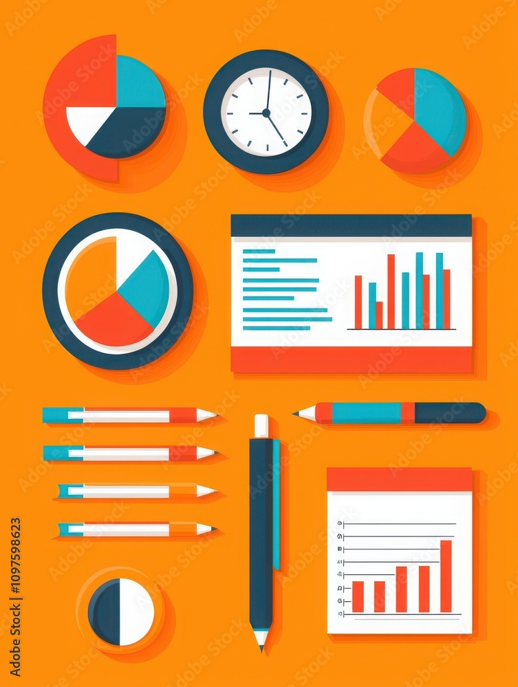 Poster a colorful arrangement of charts, graphs, a clock, and writing tools on an orange background, repres