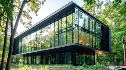 Fototapeta premium A modern green office building seamlessly blends with nature, featuring reflective glass walls and surrounded by lush trees