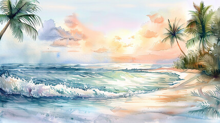 A tranquil watercolor painting capturing the beauty of a secluded beach at sunset, with soft pastel skies, gently rolling waves, and palm trees swaying in the breeze.
