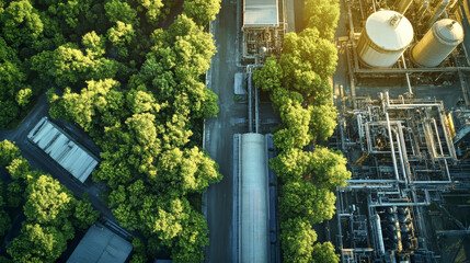 Aerial view of a modern industrial plant surrounded by lush green trees, showcasing advanced energy technology and natural purification systems