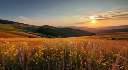 Fototapeta premium Sunset over Rolling Hills and Wildflower Meadow
