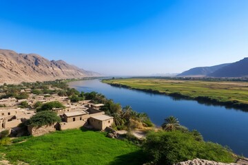 Panoramic view of a river flowing through a valley, with traditional mud-brick houses and lush green fields.