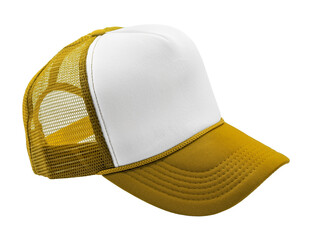 Yellow ochre trucker cap with white front panel and breathable mesh back. Ideal for casual or...