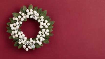 Elegant white berry wreath with greenery on a rich maroon background.