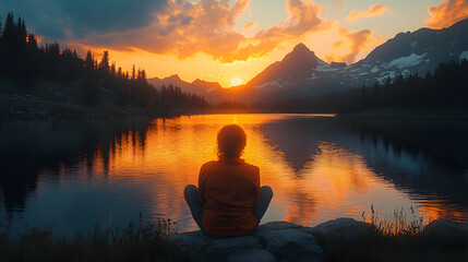 Person sitting by a tranquil lake at sunset, surrounded by mountains. Vibrant sky and reflections create a serene and introspective mood
