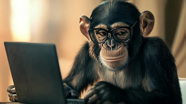Chimpanzee Using Laptop Wearing Glasses in a Humorous Scene