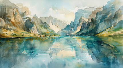 A tranquil watercolor painting depicting a serene lake nestled among towering mountains, with soft reflections of the surrounding landscape shimmering on the water's surface.