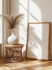 Minimalist Sunlit Room Decor with Wooden Side Table and Wicker Base Natural Interior Design