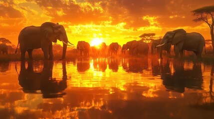 African Elephants at Sunset: A Serene African Savannah Scene