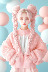 Fototapeta premium A girl with pink hair and a pink sweater stands in front of a bunch of pink