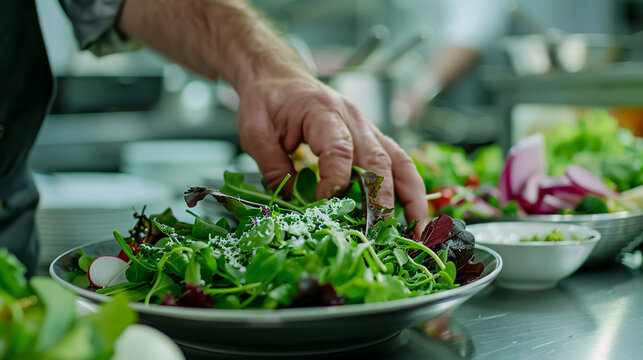 Chef adding sauce to a salad plate, finishing the cooking process in a restaurant kitchen, with the cropped image of the chef in an apron at work.