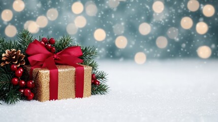 A beautifully wrapped golden gift box adorned with a red ribbon and surrounded by festive greenery.