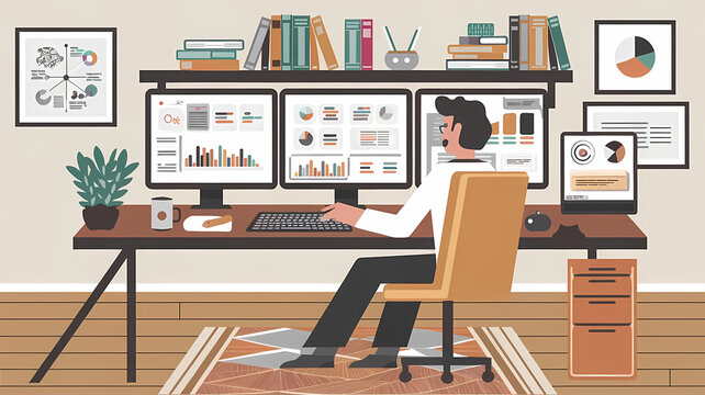 Data scientist working on computer 2D flat art illustration