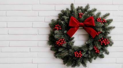 Festive green wreath adorned with a rich brown bow and red berries against a textured white wall.