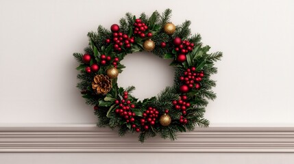 A festive Christmas wreath adorned with red berries and golden ornaments, creating a warm holiday ambiance.